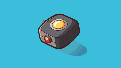 Poster - A small compact object with a matte black finish and a single button on the top. When activated it produces a bright light and a low humming noise.. Cartoon Vector.
