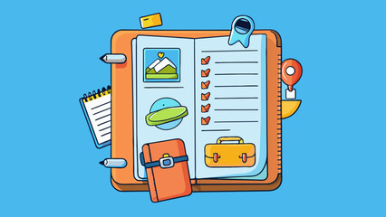 Leinwandbilder - A small notebook kept by a traveler to track expenses and budget during a trip. The pages are divided into categories such as accommodation. Cartoon Vector.