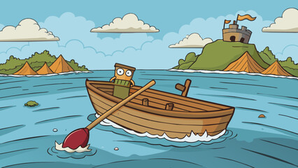 Canvas Print - A small rickety wooden boat bobbed up and down in the choppy sea. Its paint was faded and peeling giving it a weathered appearance. The oars creaked. Cartoon Vector.