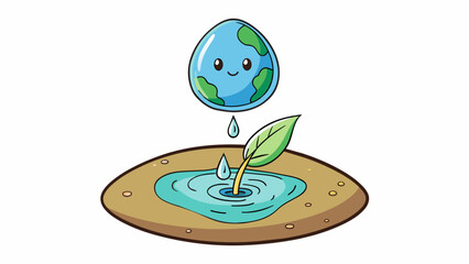 Poster - A small round droplet of water falls from the tip of a leaf and lands on the damp ground below leaving a ripple in the soil. Its surface tension. Cartoon Vector.