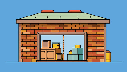 Fototapete - A small square building made of bricks with a flat roof and two large openings on one wall. Inside there are shelves and crates filled with various. Cartoon Vector.