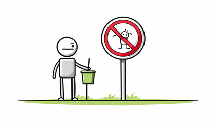 Fototapete - A small round sign featuring a stick figure holding a trash bin and a red circle with a diagonal line across it. The sign is made of plastic and is. Cartoon Vector.