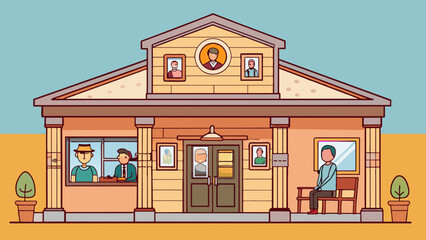 Aufkleber - A small rural bank located in a cozy oldfashioned building. The interior is warm and welcoming with framed photos of the local community displayed on. Cartoon Vector.
