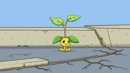 Poster - A small sapling growing in the crack of a concrete sidewalk its delicate roots reaching out to find purchase in the unforgiving environment. Despite. Cartoon Vector.