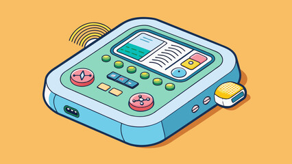 Fototapete - A small square box with multiple buttons and a digital display. It has a builtin microphone and speaker and can be used for voice commands and making. Cartoon Vector.