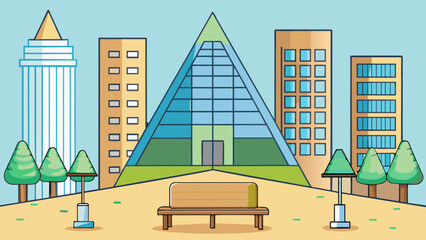Poster - A small triangular lot nestled between two tall buildings. A bench sits in one corner offering a peaceful retreat from the bustling city streets.. Cartoon Vector.