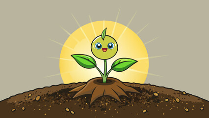Poster - A small seedling pushing its way through the dark rich soil towards the sunlight symbolizes birth and growth. Its small tender leaves reaching out for. Cartoon Vector.