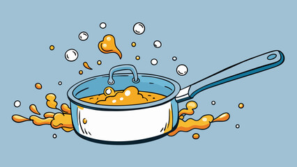 Poster - A small saucepan left unattended on the stove with the contents inside boiling and splattering over the sides. The surface of the liquid is chaotic. Cartoon Vector.
