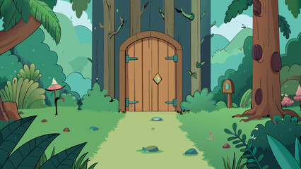 Poster - A small wooden door hidden deep in the heart of a dense forest beyond which lies a magical world of talking animals and mystical creatures.. Cartoon Vector.