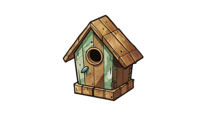 Poster - A small wooden birdhouse weathered from years of exposure with chipped paint and a tiny circular hole in the front for birds to enter.. Cartoon Vector.