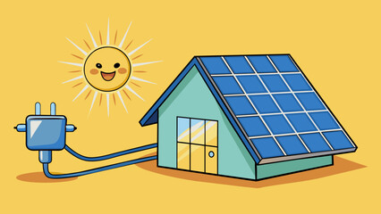 Poster - A solar panel absorbing sunlight and converting it into electrical energy as seen by the glowing lights of a house powered by solar energy.. Cartoon Vector.