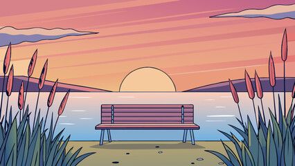 Poster - A solitary bench at the edge of a tranquil lake surrounded by tall reeds swaying in the breeze. The surface of the water is smooth as glass reflecting. Cartoon Vector.