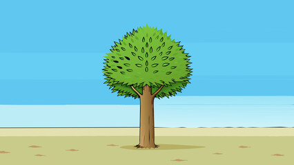 Poster - A solitary tall tree standing on a vast plain with no other trees for miles. Its trunk is smooth and straight with sp spiky leaves at the very top. Cartoon Vector.