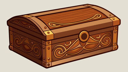 Aufkleber - A square box with a hinged lid and intricate patterns etched on all sides. It is made of wood and has a rich deep brown color with a glossy finish.. Cartoon Vector.