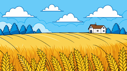 Aufkleber - A sprawling field filled with golden wheat swaying in the wind with a small farmhouse sitting at the edge. Trees dot the horizon offering shade to. Cartoon Vector.