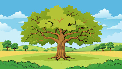 Canvas Print - A sprawling oak tree in the middle of a vast field its strong gnarled branches dwarfing all other vegetation that surrounds it.. Cartoon Vector.