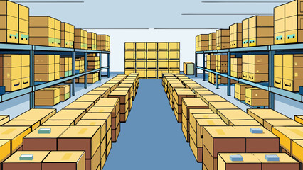 Poster - A sprawling warehouse filled to the brim with rows upon rows of neatly stacked boxes. Each box contains valuable inventory a tangible representation. Cartoon Vector.