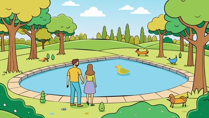 Poster - A sprawling park with lush green trees and a large pond at the center. Couples strolling hand in hand taking in the serene scenery. The occasional. Cartoon Vector.