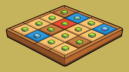 Fototapete - A square wooden game board with different colored squares and pieces. The objective is to strategically move the pieces to capture the opponents. Cartoon Vector.