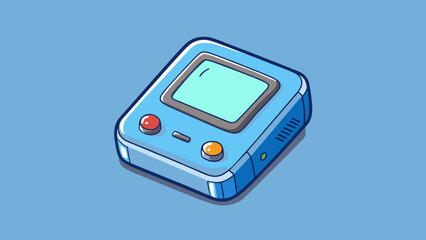 Poster - A squareshaped device with a screen in the center and buttons on one side. It emits a soft blue light and produces a low humming sound when turned on.. Cartoon Vector.