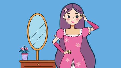 Canvas Print - As she stood in front of the mirror brushing her long hair she noticed the delicate lace pattern of her dress. The fabric was a pale pink color with. Cartoon Vector.