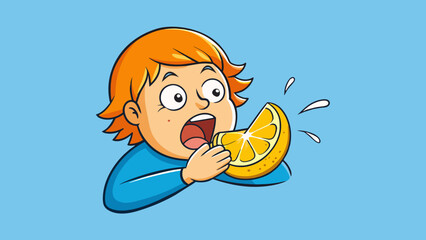Fototapete - As soon as I took a bite the tangy zesty flavor of the lemon immediately hit my taste buds making my mouth water and my eyes widen with surprise.. Cartoon Vector.