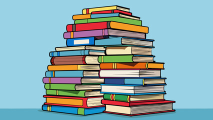 Poster - A stack of a million books reaching high into the sky their spines displaying a kaleidoscope of colors and titles.. Cartoon Vector.