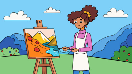 Poster - As she stands in front of a canvas a ladys paintbrush strokes create a breathtaking landscape. Her artists smock is splattered with colorful paints. Cartoon Vector.