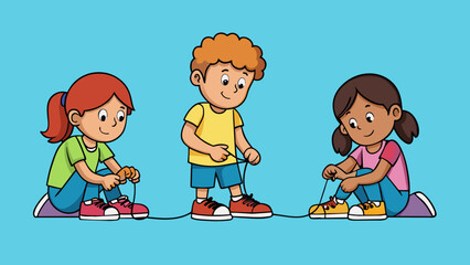Poster - As the children practice every day they will eventually learn how to tie their shoes perfectly on their own.. Cartoon Vector.