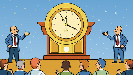 Poster - As the council members debate and deliberate a large grand clock ticks incessantly on the wall. Its golden hands move steadily counting down the time. Cartoon Vector.