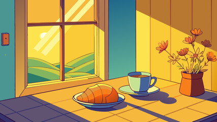 Poster - As the first rays of light peek through the curtains the room is filled with a soft golden hue. The aroma of freshly brewed coffee fills the air and a. Cartoon Vector.