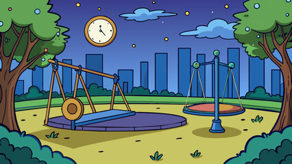 Aufkleber - As the clock ticked closer to midnight the once bustling park was now eerily quiet and empty. The swings swayed slowly in the late breeze casting long. Cartoon Vector.