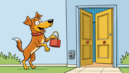 Aufkleber - As the doorbell rings the family dog eagerly jumps up wagging its tail and barking with excitement. Its soft fur ruffles as it runs towards the door. Cartoon Vector.
