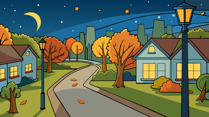 Poster - As the evening settled in the streetlights flickered on casting a warm glow over the quiet neighborhood. The trees swayed gently in the cooling breeze. Cartoon Vector.