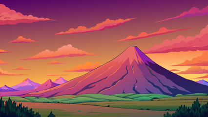 Aufkleber - As the day turns into evening the sky transforms into a vibrant canvas of pink orange and purple hues. In the distance a majestic mountain peak can be. Cartoon Vector.