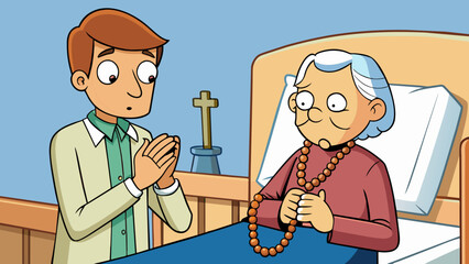 Aufkleber - As the minister sat at the bedside of a dying parishioner she held onto a set of worry beads the smooth wooden beads worn down from years of use. With. Cartoon Vector.