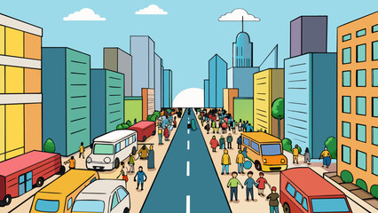 Poster - As the morning progresses the hustle and bustle of daily life begins to awaken. The city streets are lined with towering buildings and bustling people. Cartoon Vector.