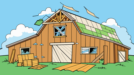 Wall Mural - As the storm passed the extent of the damage to the old barn became clear its roof was completely torn off windows shattered and the wooden structure. Cartoon Vector.