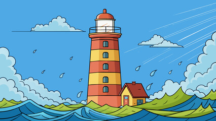 Poster - As the storm raged on the sy lighthouse stood resolute against the crashing waves its beam of light a beacon of hope amidst the chaos.. Cartoon Vector.