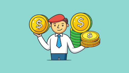 Fototapete - A stock image of a hand holding several coins of different denominations to represent a paycheck symbolizing the variety and flexibility of pay. Cartoon Vector.