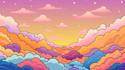 Aufkleber - As the sunset the sky was filled with a complete spectrum of colors from vibrant oranges and pinks to purples and blues. The clouds formed fluffy. Cartoon Vector.