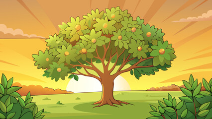 Aufkleber - As the sun set the warm glow of the golden light illuminated the soft green leaves of the blooming tree.. Cartoon Vector.