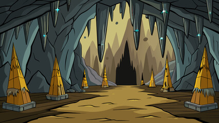 Aufkleber - As they entered the dark musty cave the walls seemed to close in on them. Stalactites hung from the ceiling their sharp points glinting in the dim. Cartoon Vector.