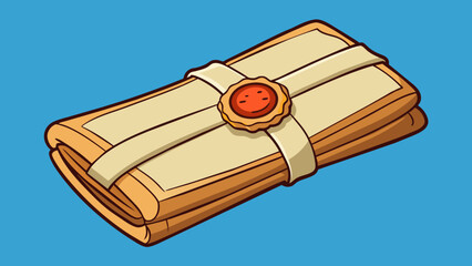 Sticker - A stiff and rigid form tightly wrapped in strips of papyrus and secured with wax seals depicting symbols of protection and power.. Cartoon Vector.