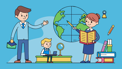 Aufkleber - A student depending on their teacher for knowledge and education learning from their lessons and guidance to expand their understanding of the world.. Cartoon Vector.