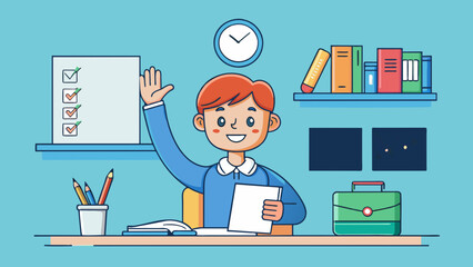 Poster - A student eagerly raises their hand in the classroom confident in their answer to a challenging question. The students notebook is filled with notes. Cartoon Vector.