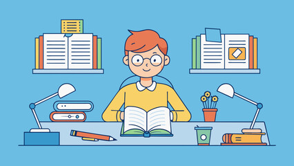 Poster - A student sits at a desk surrounded by textbooks and notes diligently preparing for an upcoming exam. They have a neatly organized study guide and a. Cartoon Vector.