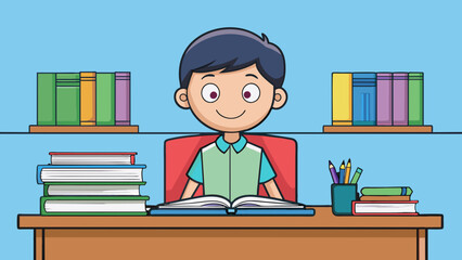 Poster - A student sitting at a neatly organized desk filled with textbooks notebooks and colorcoded folders. The desk is situated in the front of the. Cartoon Vector.