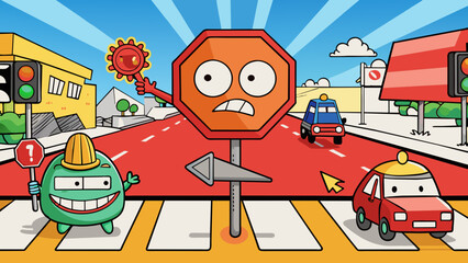 Poster - A stop sign at a busy intersection preventing collisions with its bold red color and clear message.. Cartoon Vector.