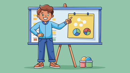 Sticker - A student standing in front of a whiteboard confidently presenting their project with colorful visual aids and engaging body language.. Cartoon Vector.